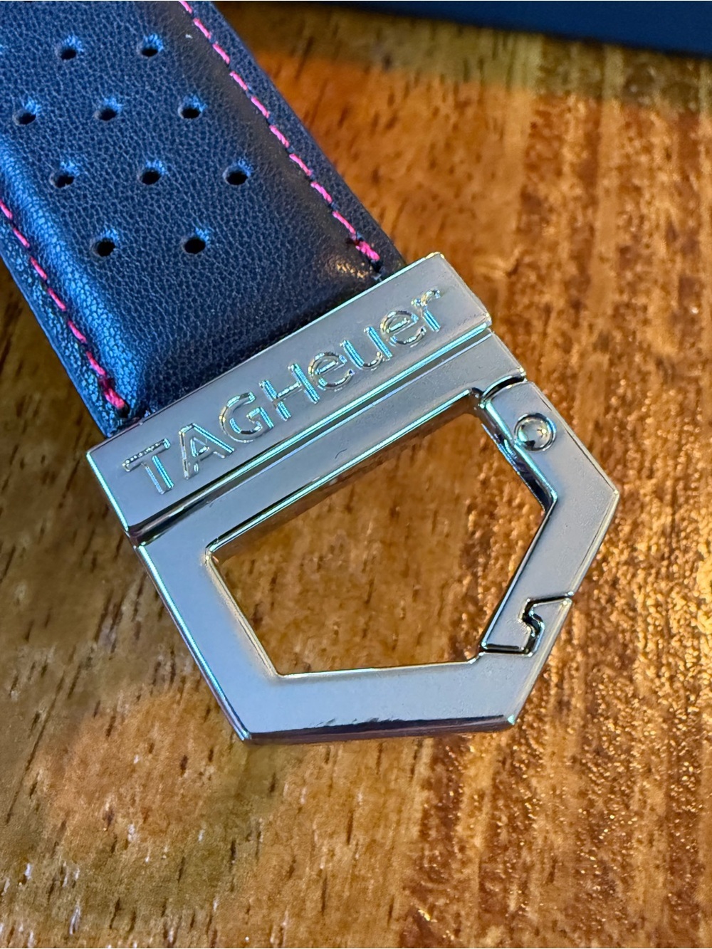 Tag Heuer Black Leather Watch Strap Key Ring Red Stitching & Silver Hook